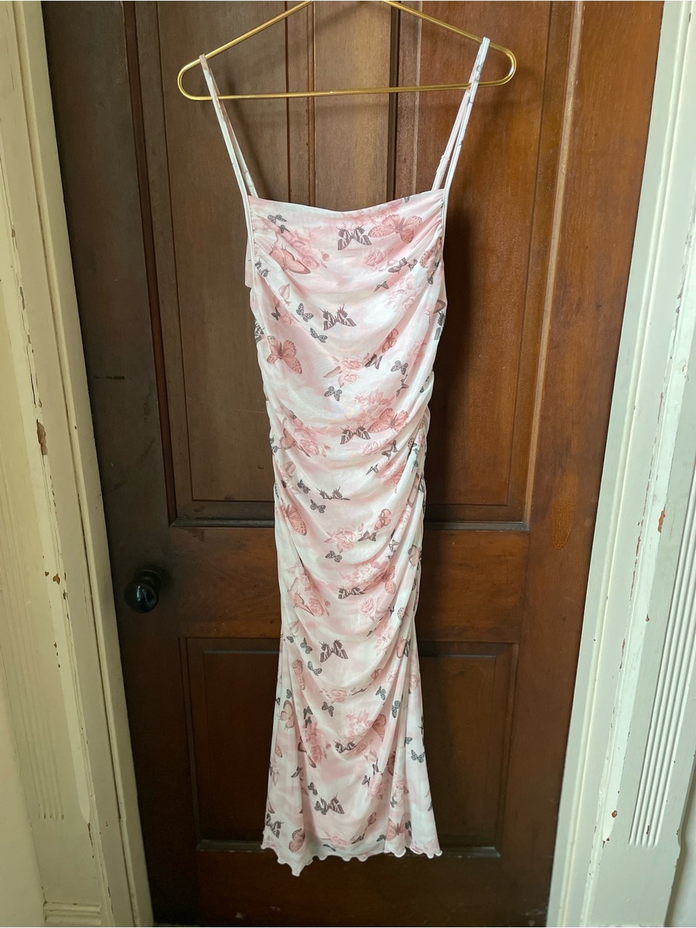 Shein women's large spaghetti strap pink midi dress with butterflies nwt